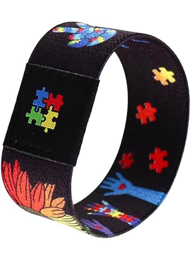 abley's Autism Awareness Support Bracelet, Colorful Puzzle Pattern, Elastic Fabric Band, Sensory Friendly (Sunflower with Puzzle Heart) - Image 1